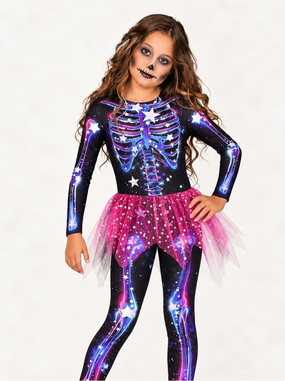 Youth Girls' Neon Galaxy Skeleton Tutu Costume - Pink & Black / Halloween / Fall